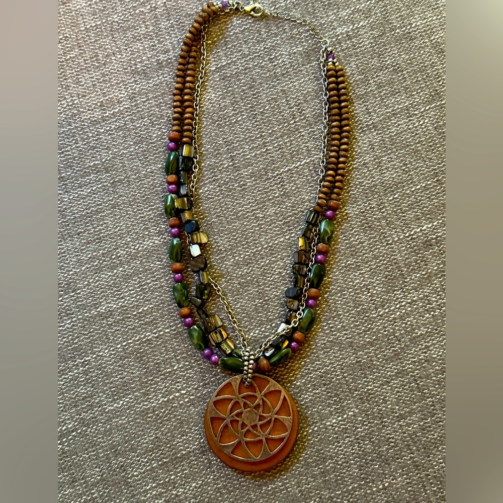 Multicolor Beaded Necklace with Wooden Pendant